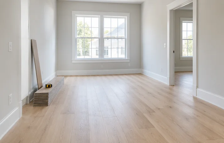Empty room with newly installed light oak LVP flooring and leftover planks